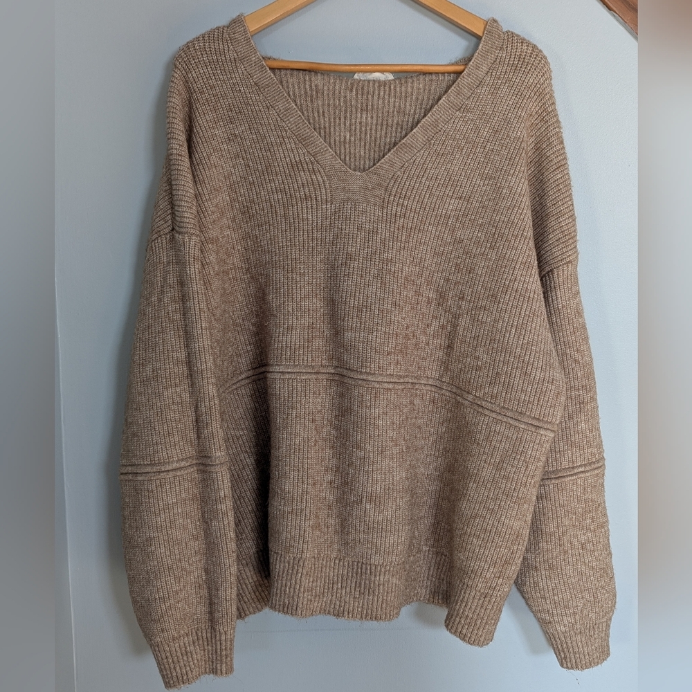 Women's Brown Oversized Seam Detail Drop Shoulder Chunky Knit Hooded Sweater‎